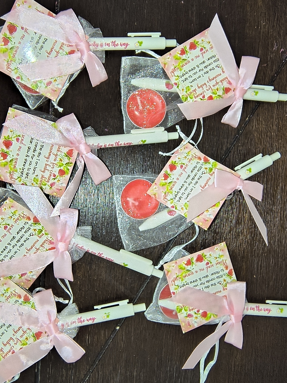 Baby Shower strawberry Favor Set — Pink Tea Light & Pen. 7pk